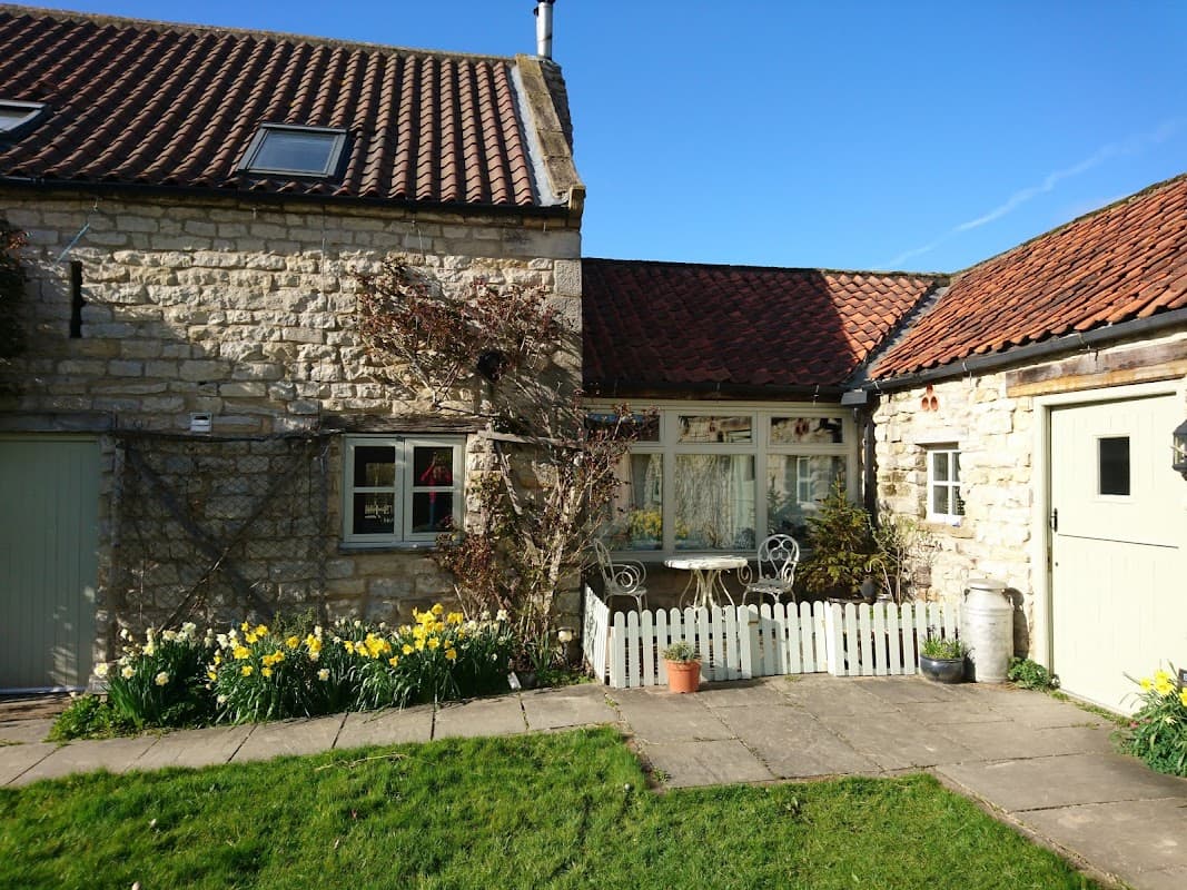 Charming stone cottages with a garden, white picket fence, and blooming daffodils under a clear blue sky.