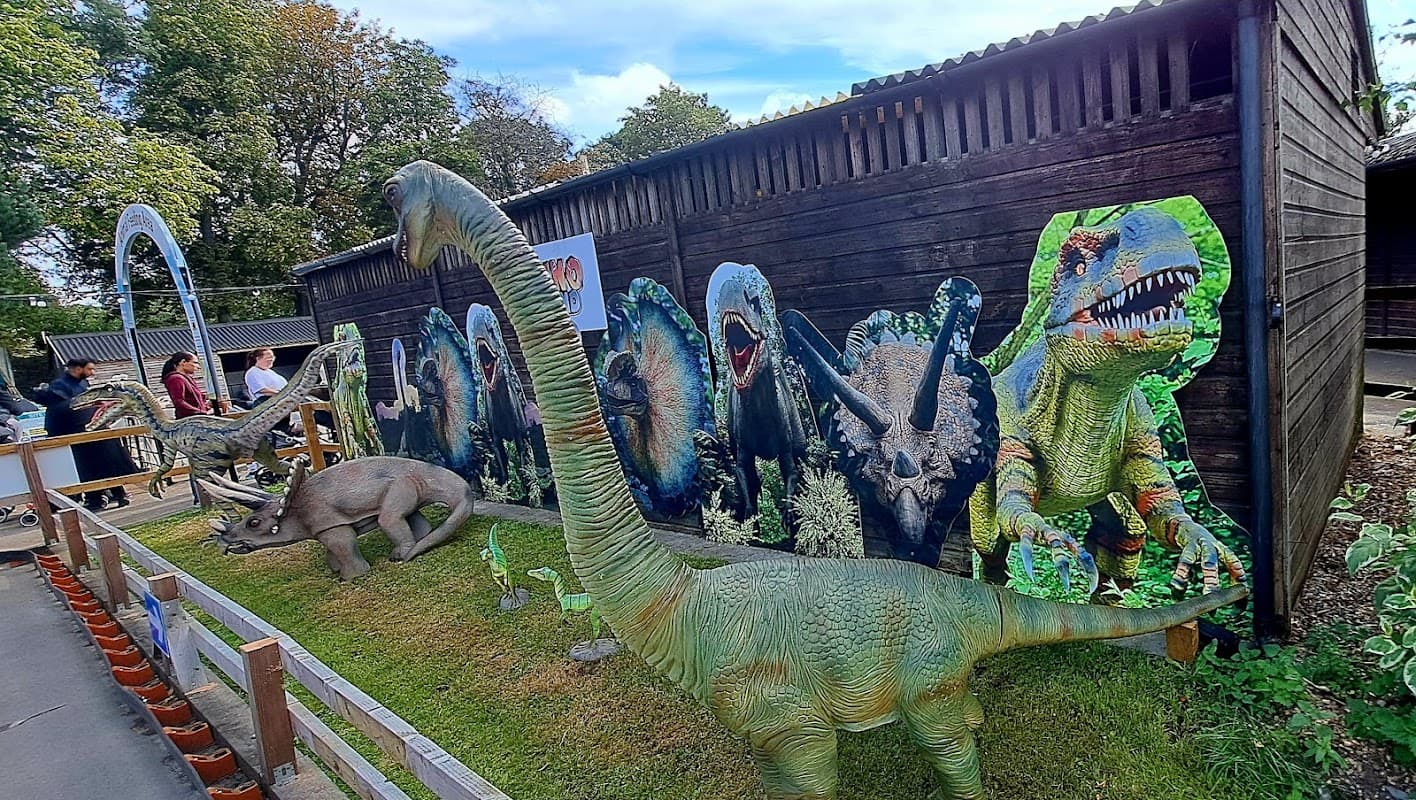 Dinosaur sculptures and colorful displays outside a wooden building in Graves Park Animal Farm car park.