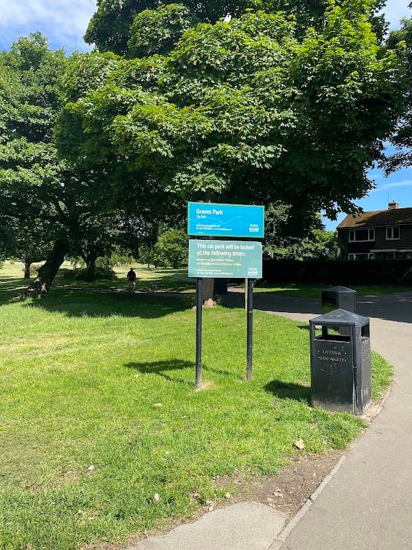 Sign for Graves Park with parking information, surrounded by green grass and trees, near a pathway and a trash bin.