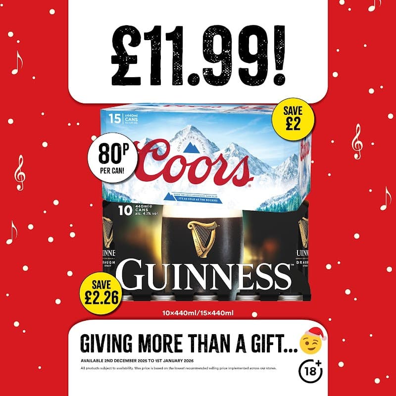 Promotional poster for Bargain Booze featuring Coors and Guinness cans with prices and savings highlighted.