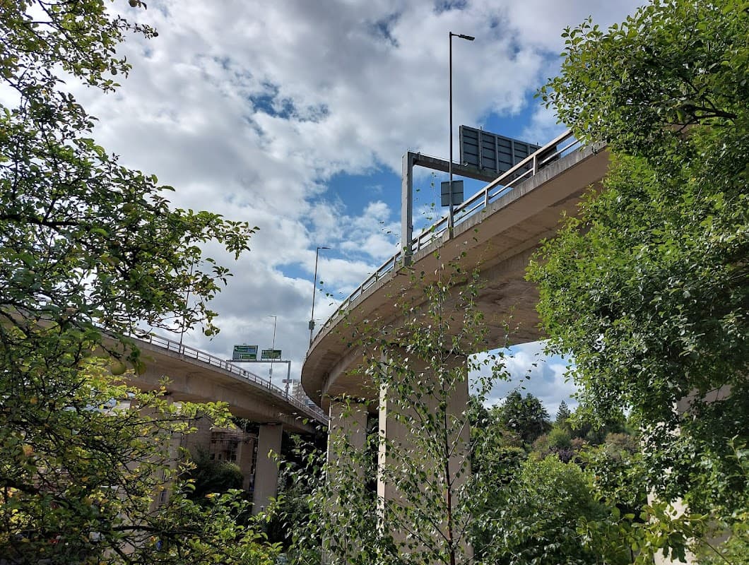 Curved overpass with traffic signs, surrounded by trees and a partly cloudy sky in Halifax, Yorkshire.