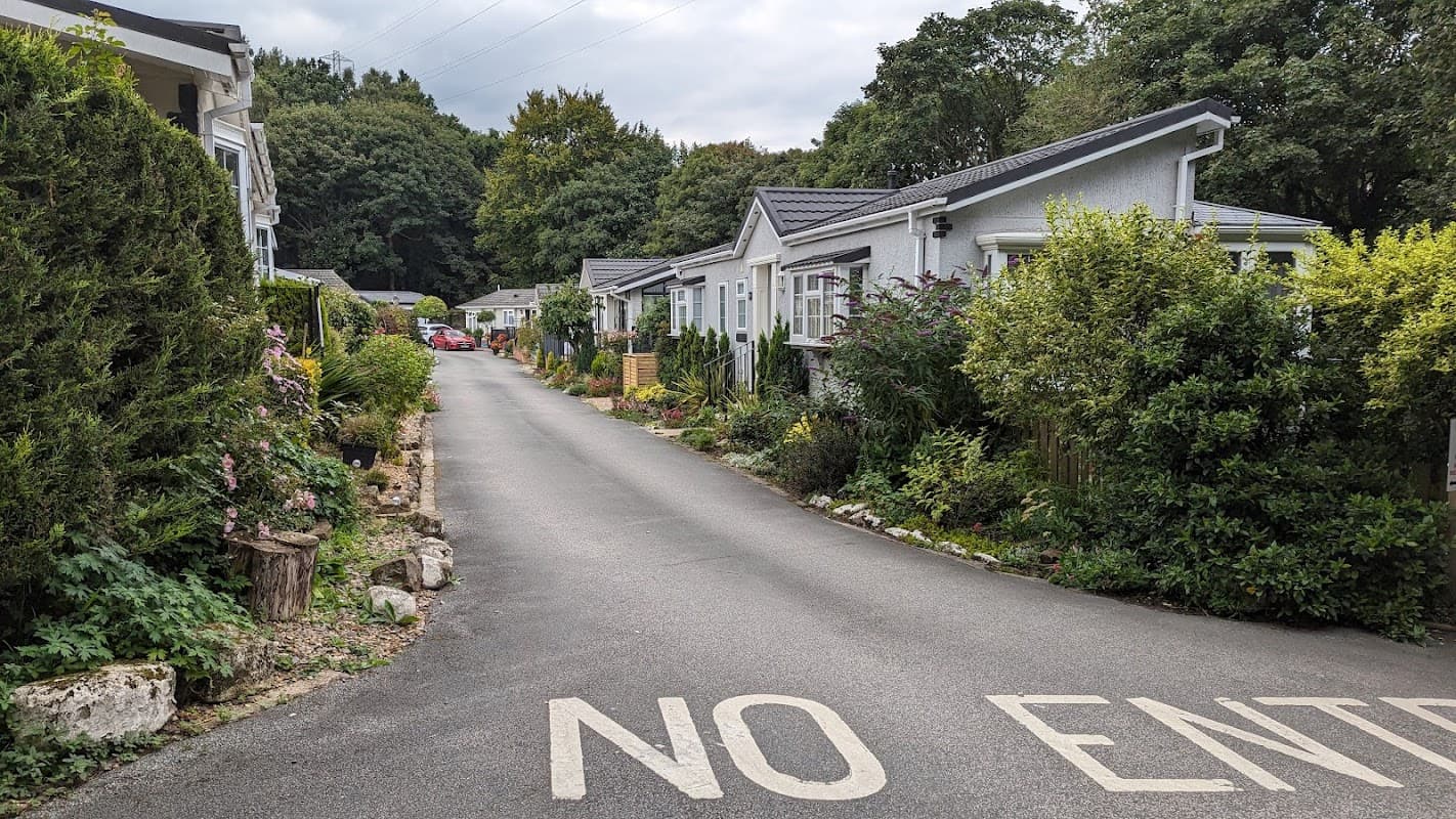 Quiet road lined with greenery and holiday homes, featuring a prominent "NO ENTRY" sign.