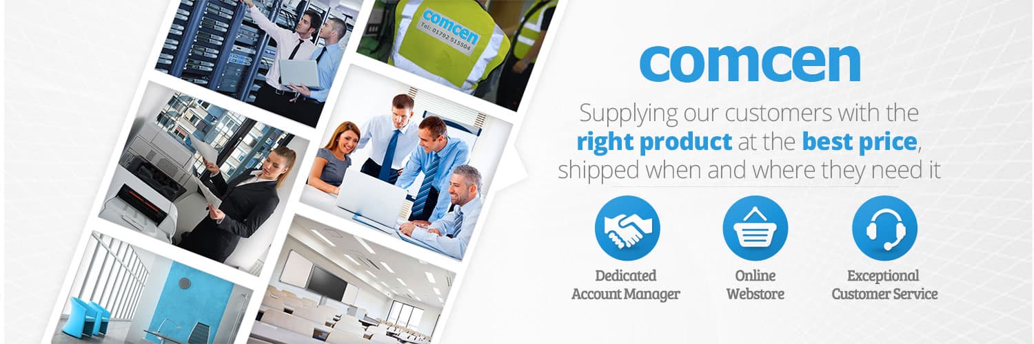 Collage featuring a modern office, team collaboration, product displays, and Comcen branding in a professional setting.