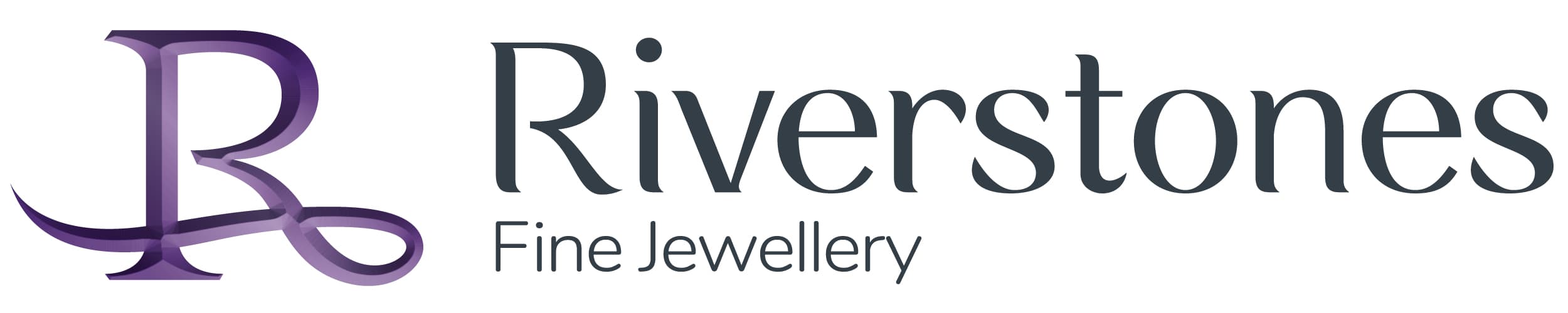 Stylized logo for Riverstones Fine Jewellery featuring elegant typography in purple and grey.