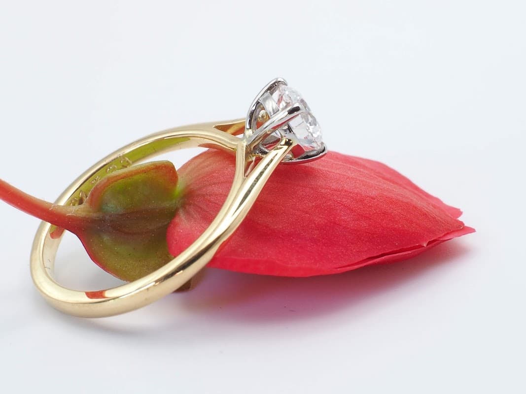 A gold engagement ring with a diamond sits atop a vibrant red flower petal.