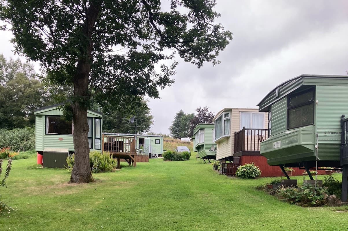 Caravans lined along a grassy path, surrounded by trees and greenery at Westfield Farm Caravan Park.