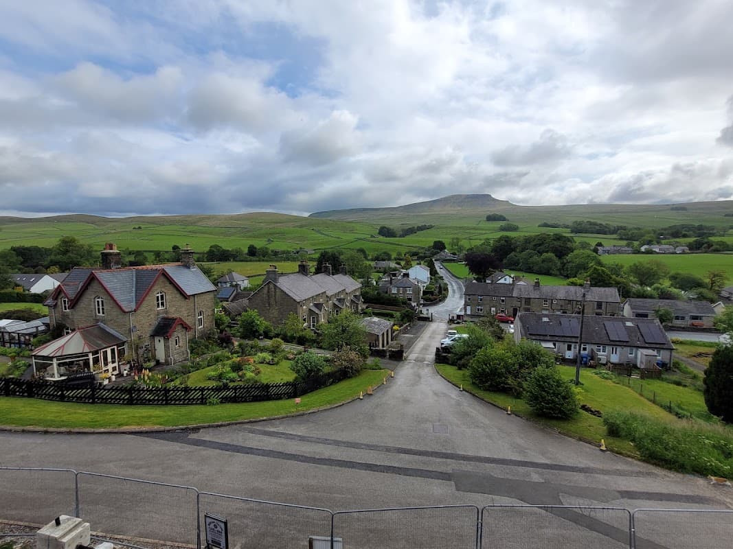Scenic view of Horton-in-Ribblesdale with quaint houses, lush greenery, and rolling hills under a cloudy sky.