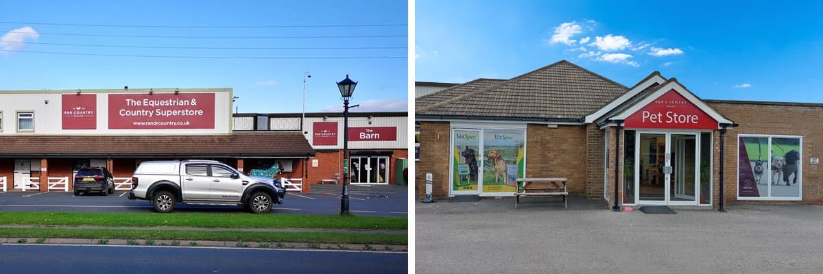 R&R Country shopfronts featuring signage for The Equestrian & Country Superstore and Pet Store, with a vehicle parked outside.