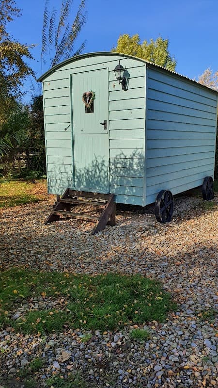 A light blue wooden cabin on wheels with a heart-shaped window, surrounded by gravel and greenery under a clear sky.