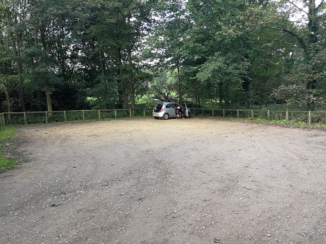 Gravel car park surrounded by trees, with a parked car near a wooden fence in a quiet, natural setting.