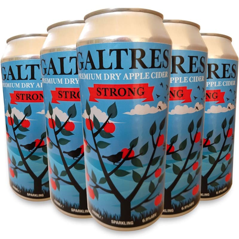 Cans of Galtres Premium Dry Apple Cider with vibrant tree and apple graphics, labeled "Strong" against a blue sky.