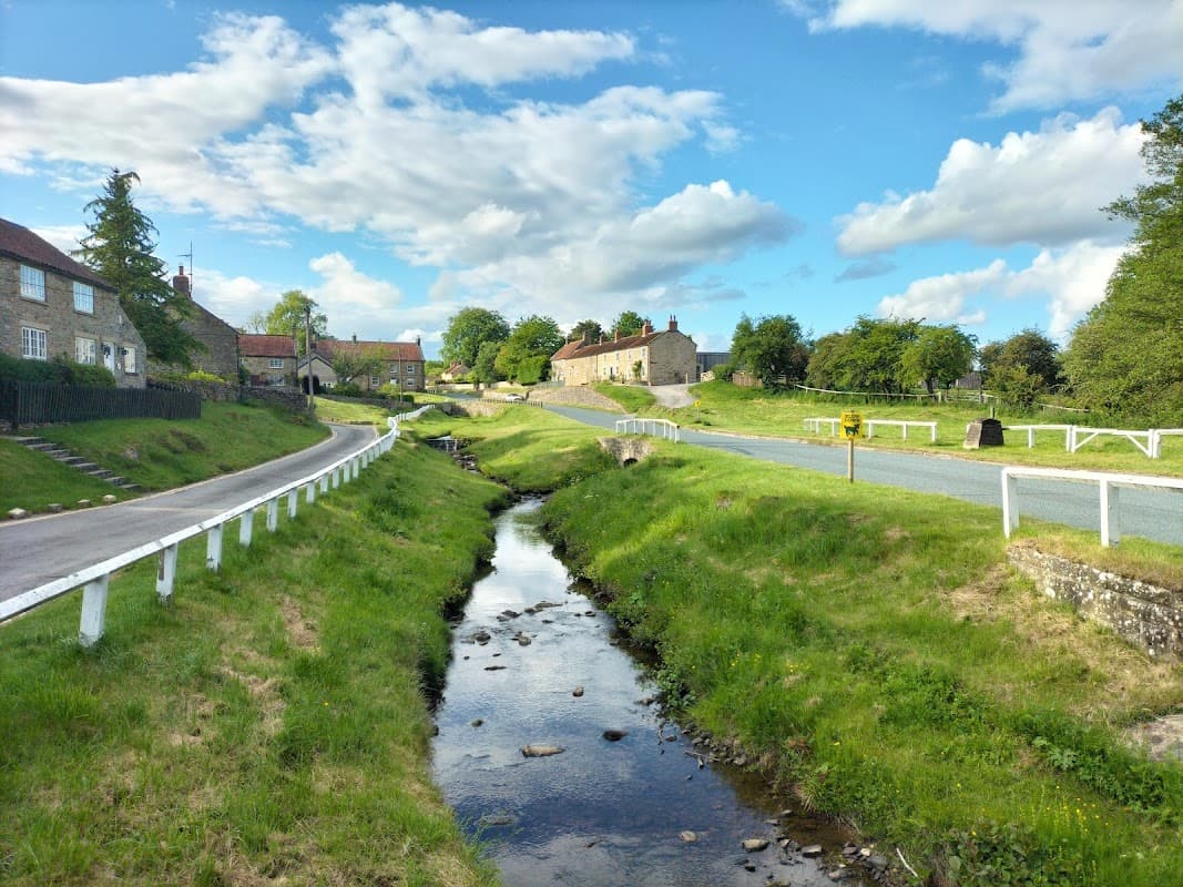 Scenic view of Hutton-Le-Hole Caravan Site with green fields, a stream, and charming cottages under a blue sky.