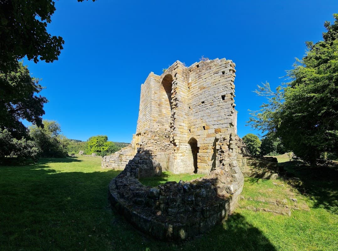 Ruins of Mulgrave Castle surrounded by lush greenery and a clear blue sky in Hutton Mulgrave, Yorkshire.