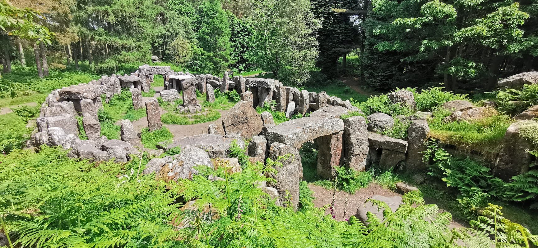 Ancient stone circle surrounded by lush greenery and ferns at Hill Top Farm in Ilton, Yorkshire.