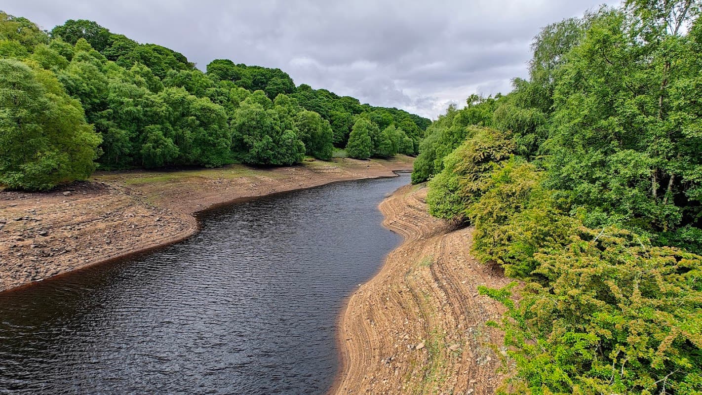 Leighton Reservoir with a winding waterway, surrounded by lush green trees and a cloudy sky.