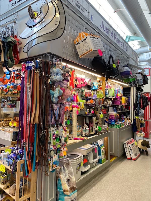 Colorful display of pet supplies including toys, leashes, and food containers at Just4Paws Ltd in Keighley, Yorkshire.