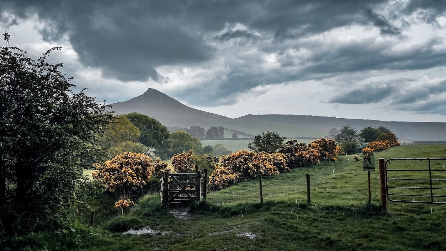 Gribdale Gate car park surrounded by lush greenery and blooming gorse, with a dramatic cloudy sky and distant hills.