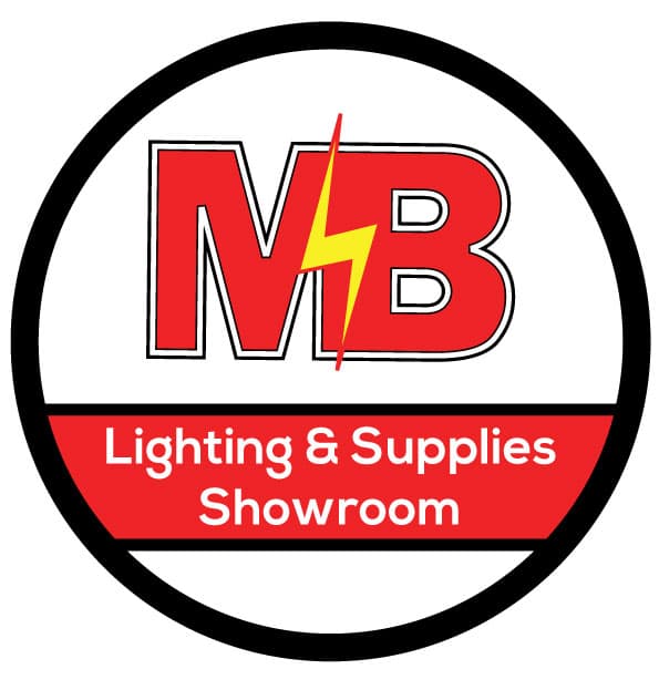 Logo featuring "MB" with a lightning bolt, text reads "Lighting & Supplies Showroom" in red and black circular design.