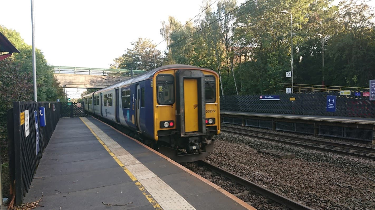 A train at Fitzwilliam Railway Station, surrounded by greenery and a platform with tracks visible in the background.
