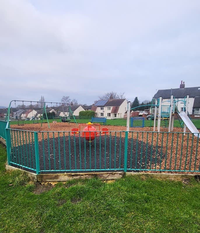 Colorful playground featuring swings, a slide, and a roundabout, surrounded by green grass and houses in the background.