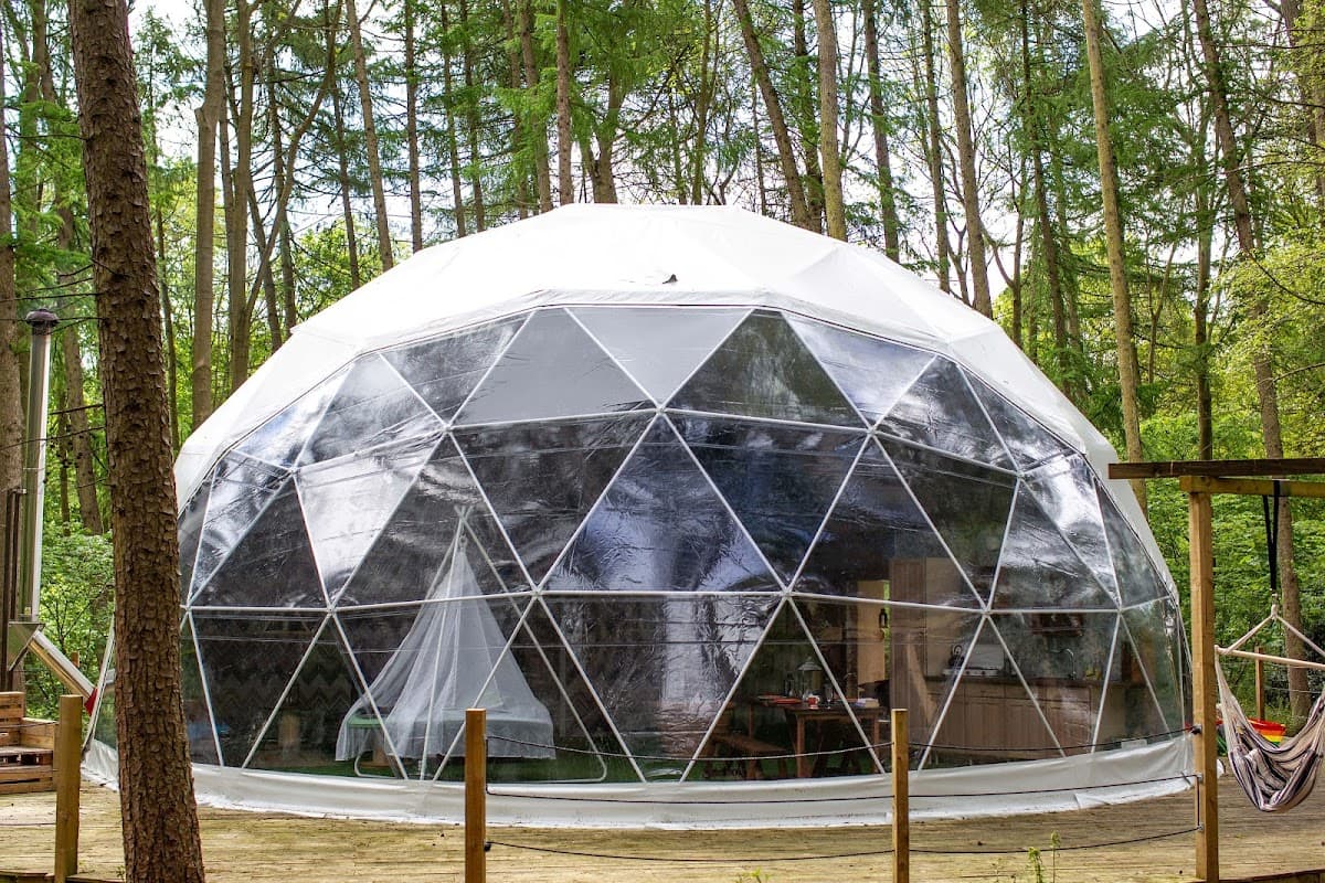 Geodesic dome glamping structure surrounded by trees at Camp Kátur in North Yorkshire, with a wooden deck.