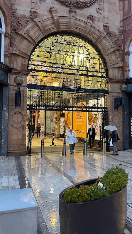 Entrance to County Arcade with ornate archway, shoppers, and wet pavement reflecting lights.