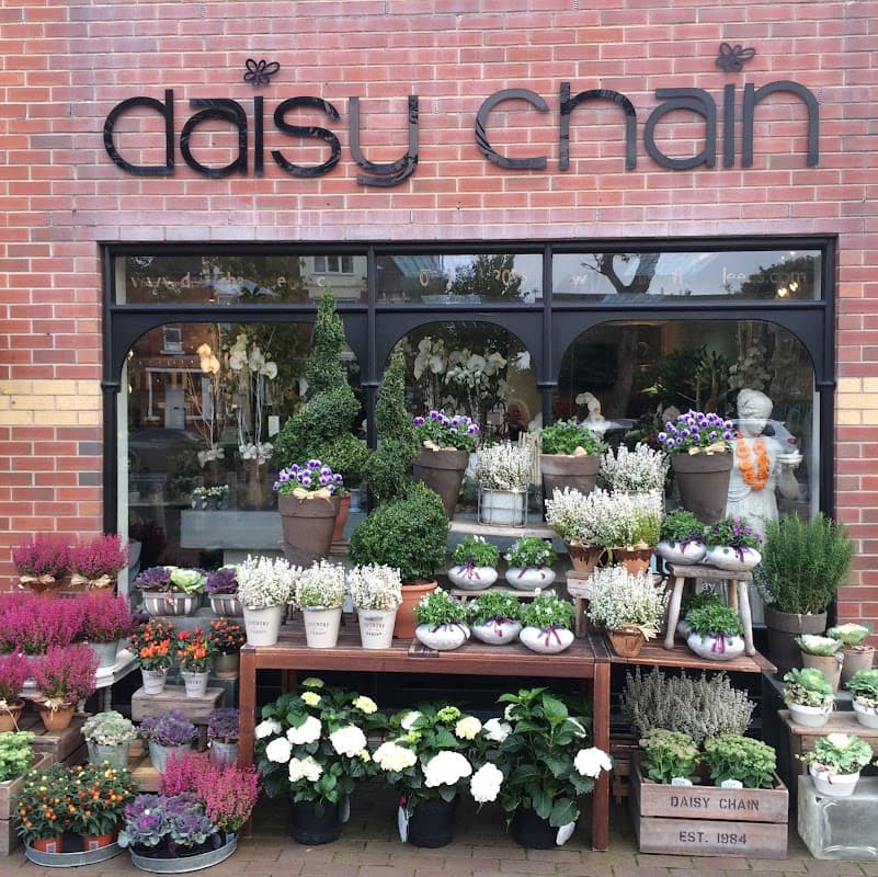 Colorful flower arrangements and potted plants displayed outside Daisy Chain florist in Leeds, Yorkshire.