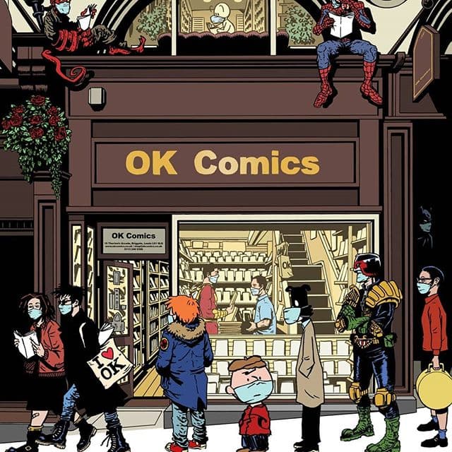 Front of OK Comics bookshop in Leeds, featuring various characters and customers, all wearing masks.