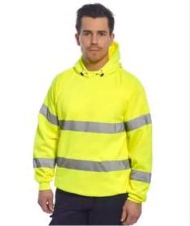 A man wearing a bright yellow high-visibility hoodie with reflective stripes.
