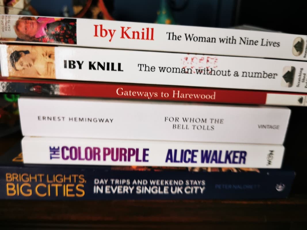 A stack of books including titles by Iby Knill, Ernest Hemingway, and Alice Walker, with colorful covers.