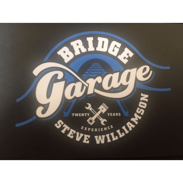 Logo for Bridge Garage featuring the text "Twenty Years Experience" and a wrench icon, with a blue and white design.