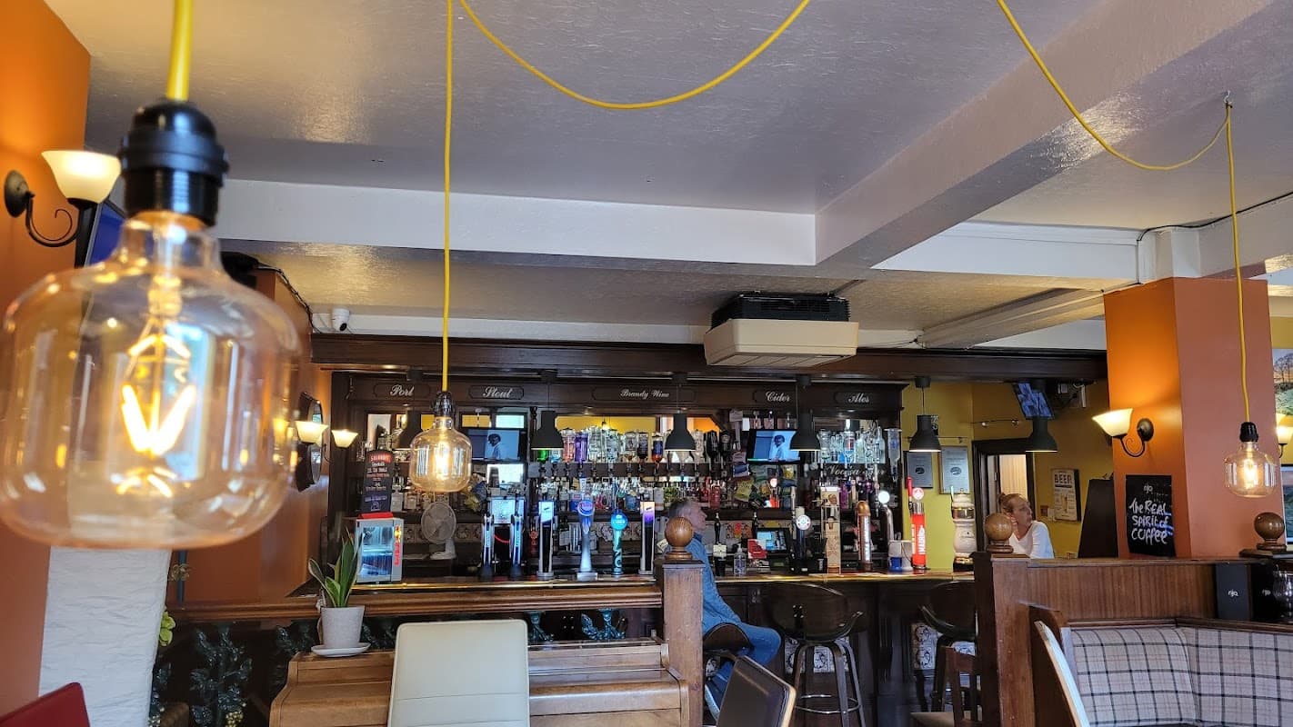Cozy bar interior with a wooden counter, colorful walls, hanging light fixtures, and a well-stocked drink display.