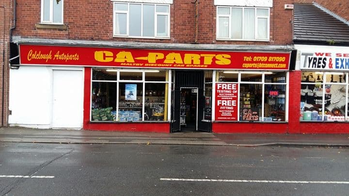 Bright red storefront with "CA-PARTS" signage, showcasing car parts and spares, located in Maltby, Yorkshire.