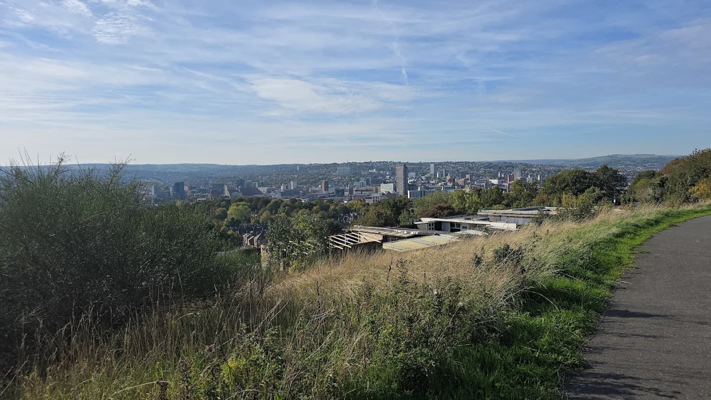 Panoramic view of Manor, Yorkshire, with city skyline, greenery, and a pathway in the foreground.