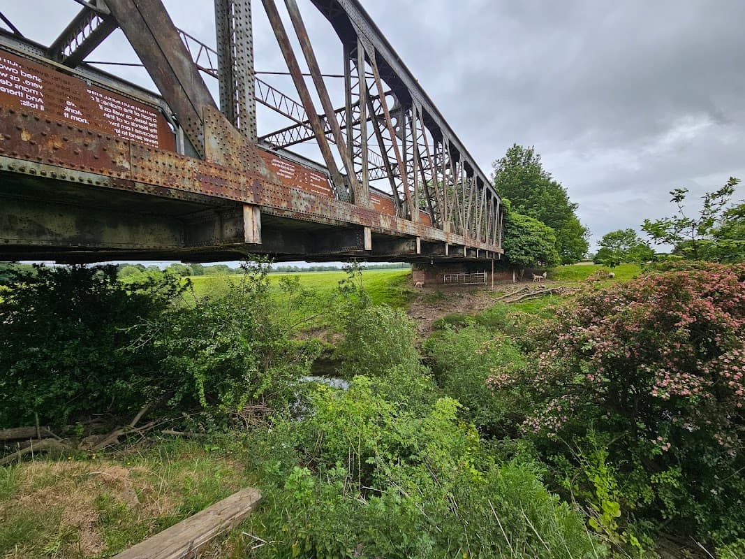 Rusty iron bridge spanning a lush green landscape, surrounded by trees and wildflowers under a cloudy sky.