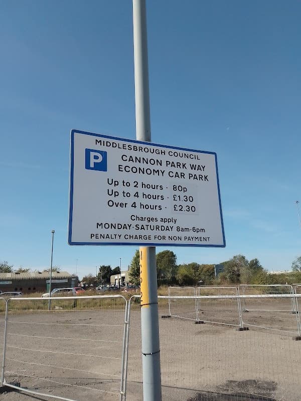 Sign for Cannon Park Way Economy Car Park with parking charges and hours of operation in Middlesbrough, Yorkshire.