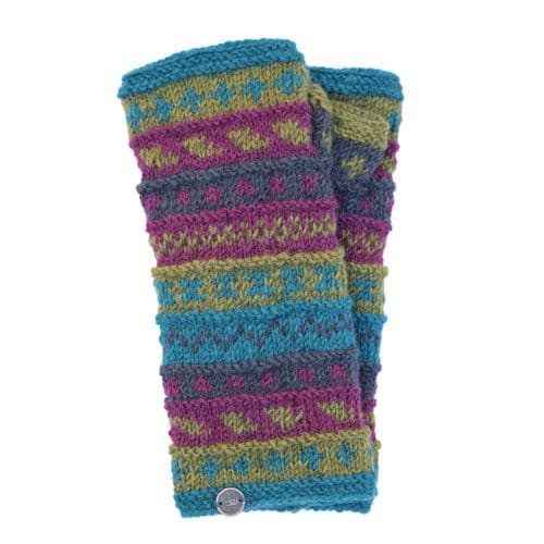 Colorful knitted wrist warmers featuring vibrant patterns in blue, purple, green, and yellow hues.