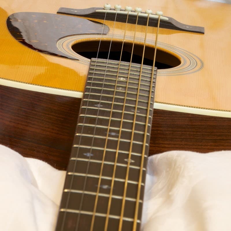 Close-up of an acoustic guitar's neck and body, showcasing its strings and sound hole.
