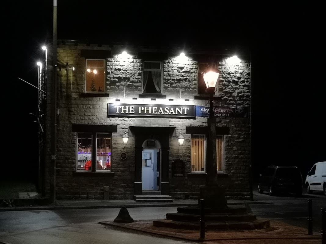A stone pub with bright signage reading "The Pheasant," illuminated at night, featuring a lamppost nearby.