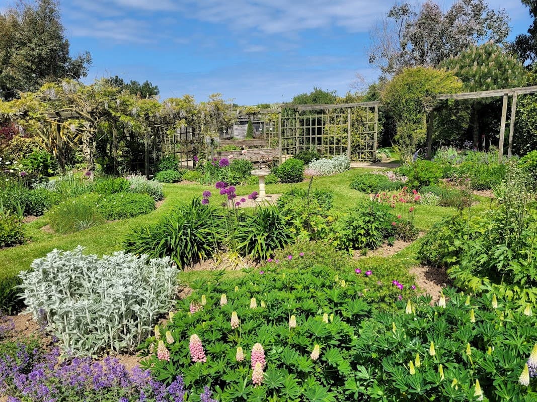 Lush garden with colorful flowers, greenery, and a stone fountain under a blue sky at Filey Bird Garden & Animal Park.
