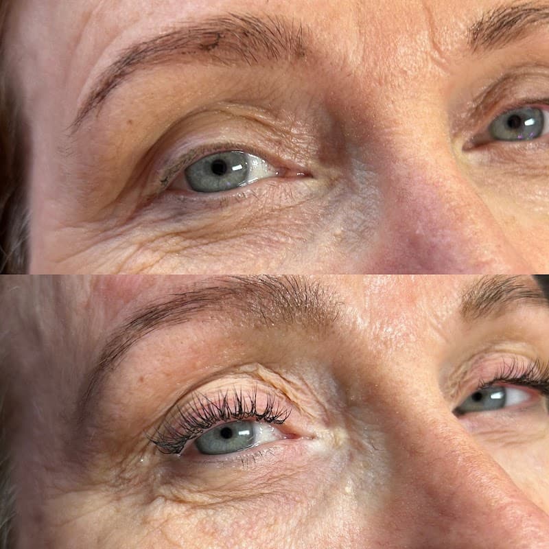 Close-up of a woman's eyes before and after eyelash enhancement, showcasing natural and enhanced lashes.