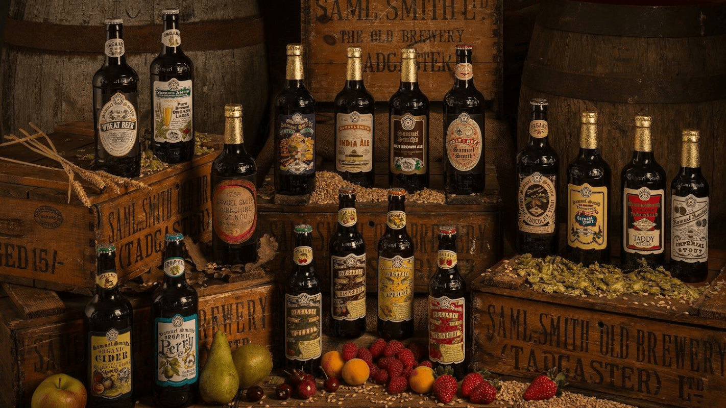 Bottles of various beers and ciders displayed on wooden crates, surrounded by fruits and grains.