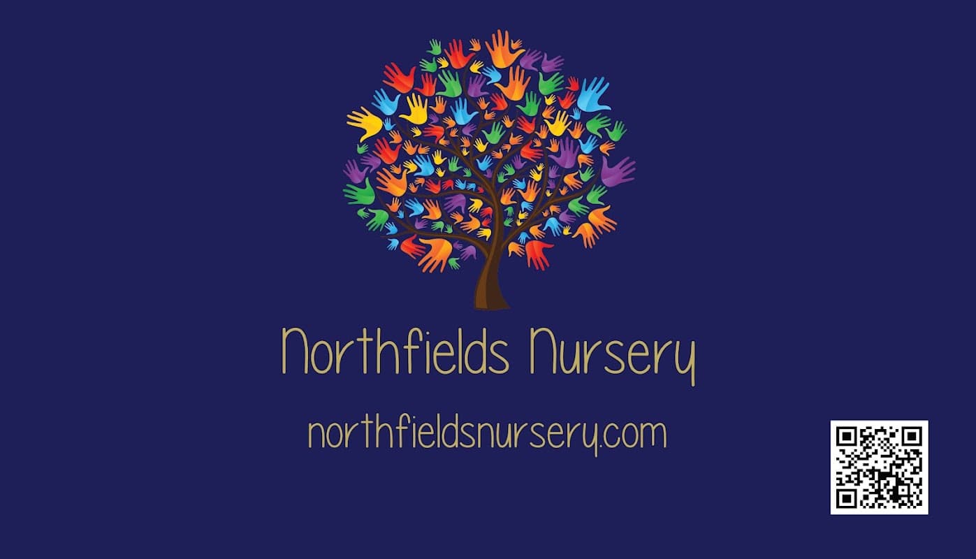 Colorful tree made of handprints with "Northfields Nursery" and website below on a dark blue background.