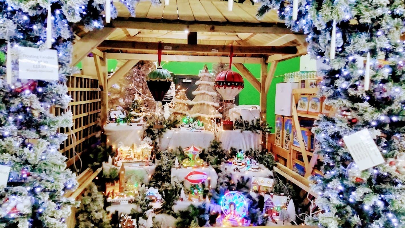 Festive decorations and displays, including trees, lights, and ornaments, create a cheerful atmosphere at Selby Garden Centre.