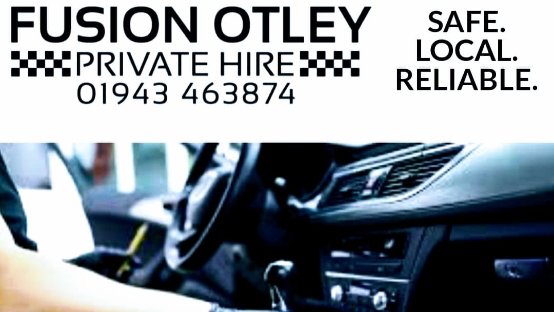 Logo of Fusion Private Hire, featuring text: "Safe. Local. Reliable." with contact number and a hand on a car's dashboard.