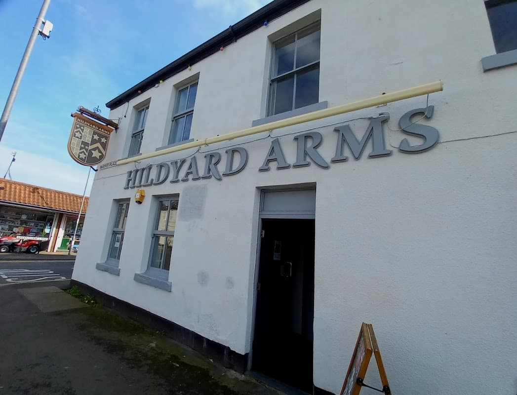 Hildyard Arms pub exterior with a sign, large windows, and a ladder against the wall in Patrington, Yorkshire.