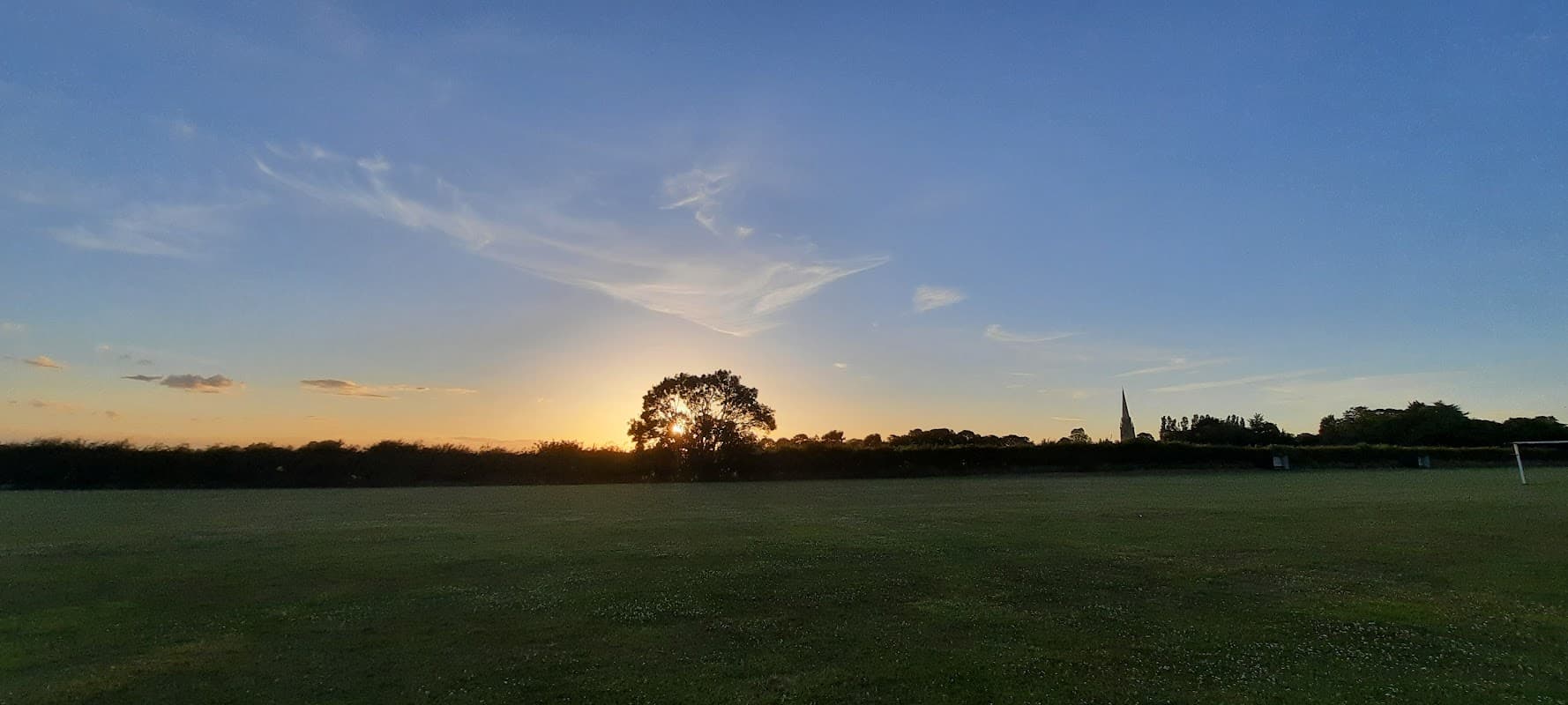 Sunset over a grassy field with a silhouette of a tree and a church spire in the distance.