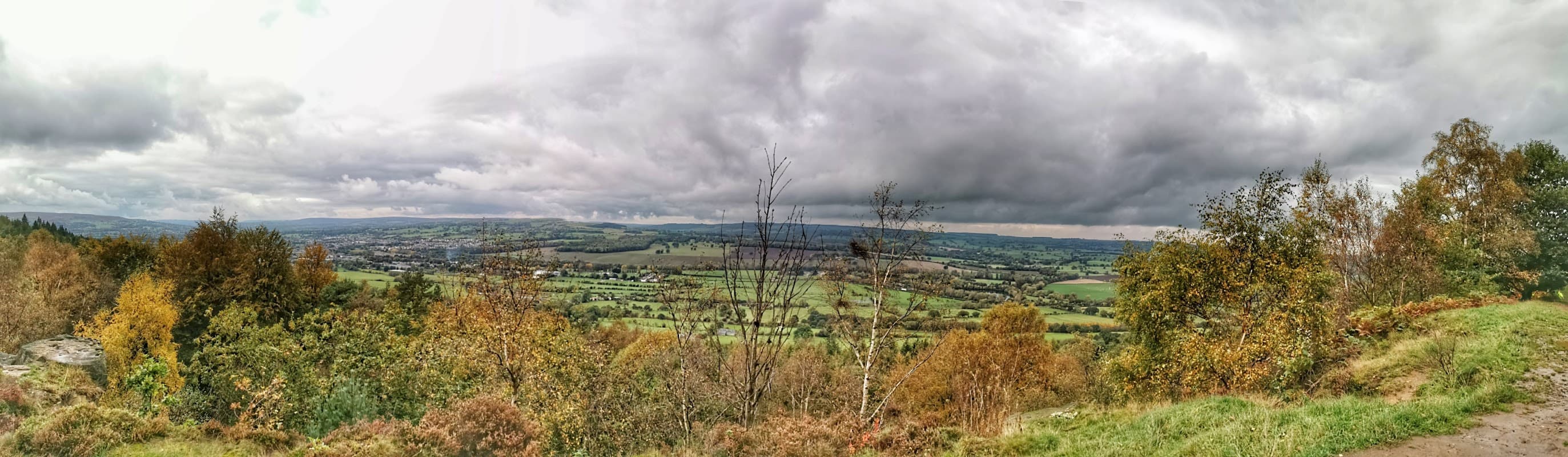 Panoramic view of rolling green hills and valleys under a cloudy sky, with autumn foliage in the foreground.