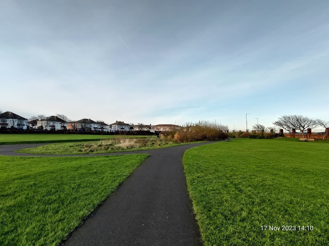 Path winding through a grassy area with houses in the background under a clear sky.