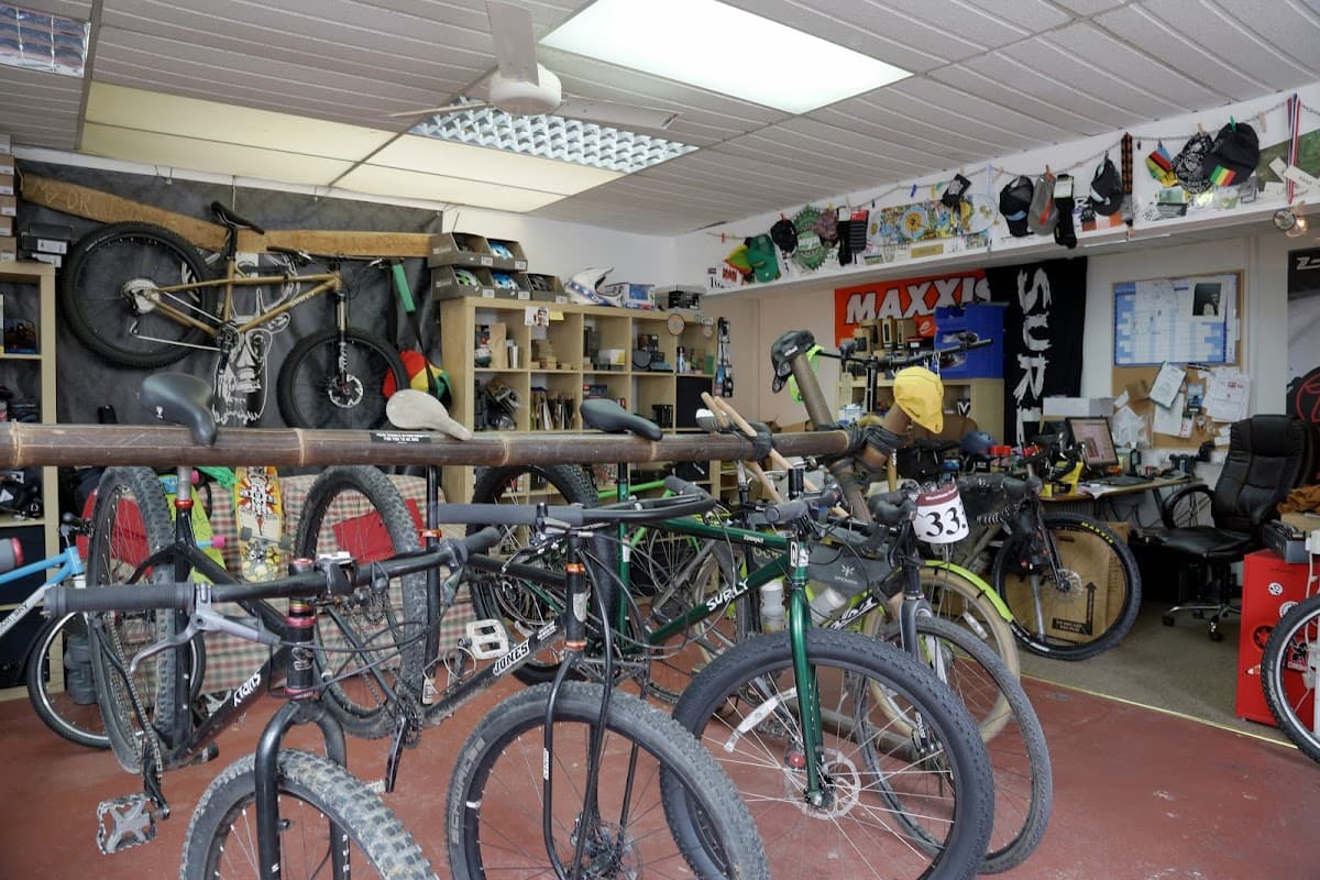 Bikes displayed on racks with shelves of cycling gear and tools in a shop interior.